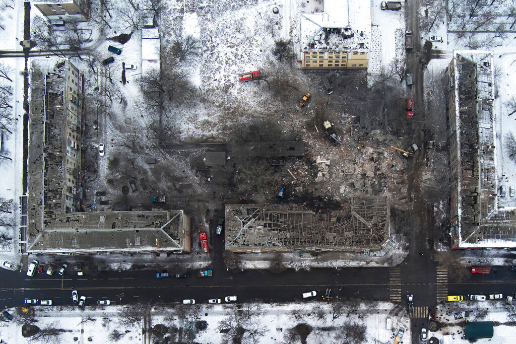 An aerial view of apartment buildings hit by Russian rockets in Kramatorsk, Ukraine, Thursday, Feb. 2, 2023. (AP Photo/Yevgen Honcharenko)
