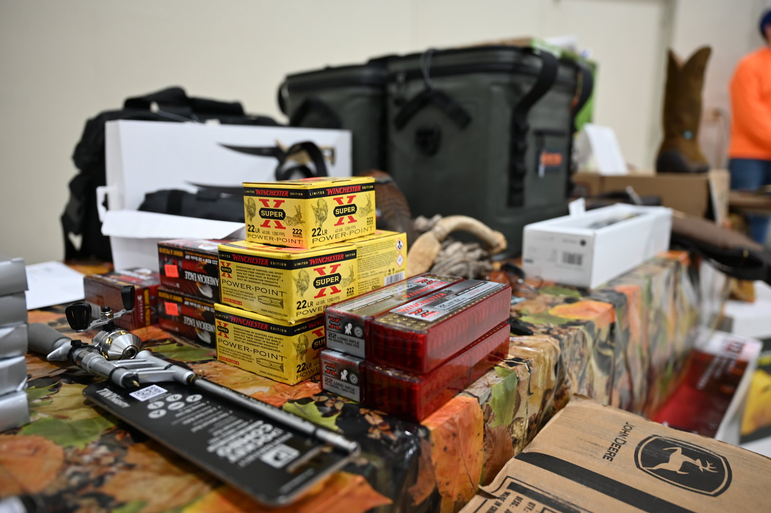 Boxes of ammo and other items were given as door prizes at a "Beast Feast" in Omega, Ga., on Friday, February 3, 2023. (Index/Roger Alford)