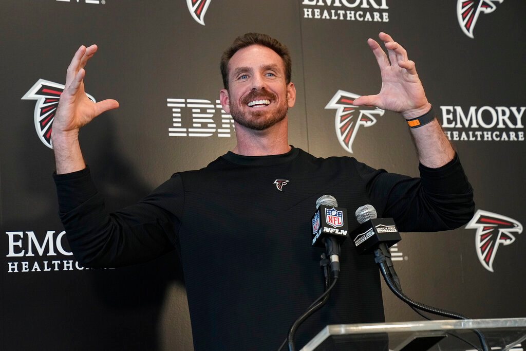 Newly hired Atlanta Falcons Defensive Coordinator Ryan Nielsen speaks during a news conference, Monday, Feb. 6, 2023, in Flowery Branch, Ga. (AP Photo/John Bazemore)