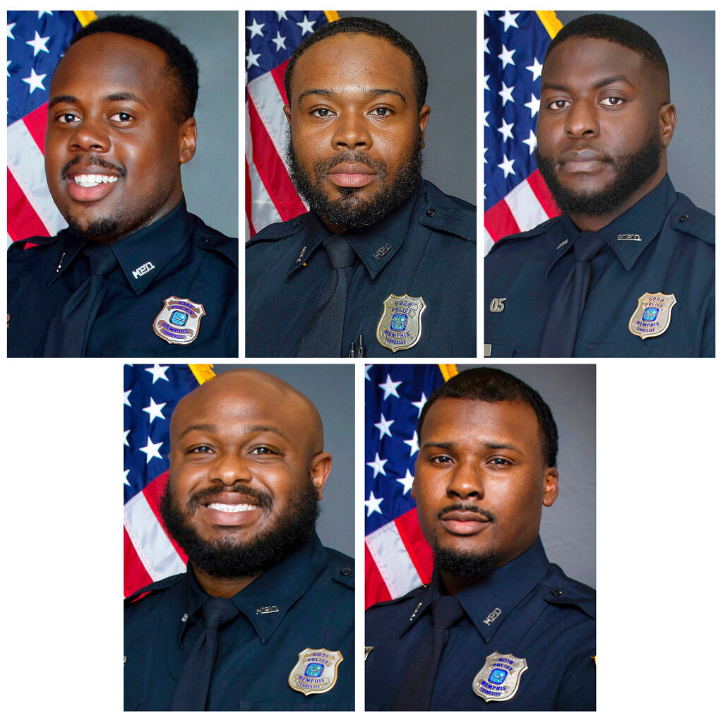 This combination of images provided by the Memphis Police Department shows, from top row from left, officers Tadarrius Bean, Demetrius Haley, Emmitt Martin III, bottom row from left, Desmond Mills, Jr. and Justin Smith. (Memphis Police Department via AP, File)