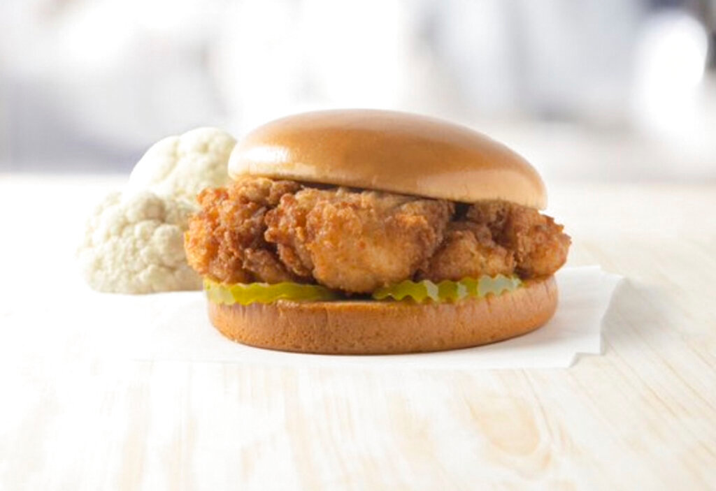 This image released by Chick-fil-A, Inc. shows the new, plant based, Chick-fil-A Cauliflower Sandwich. (Chick-fil-A, Inc. via AP)
