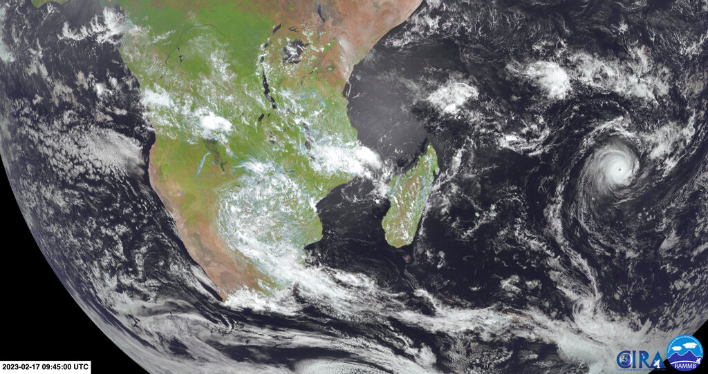 Cyclone Freddy, right, in the Indian Ocean near Madagascar, Friday, Feb. 17, 2023. (NOAA via AP, File)