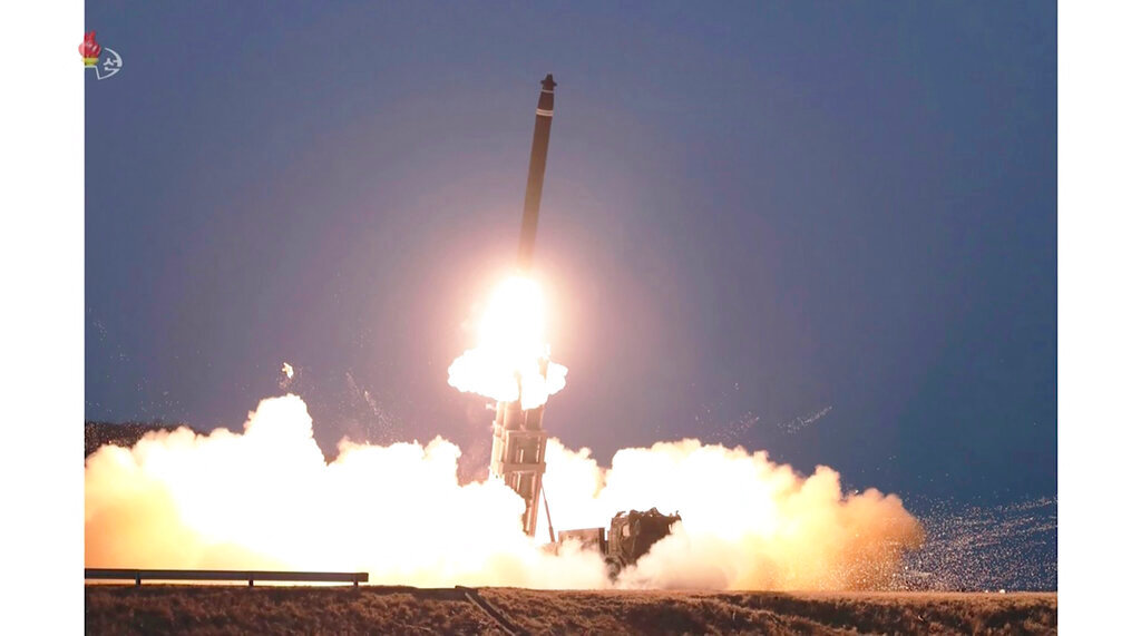 This image made from video broadcast by North Korea's KRT shows what it says is a ballistic missile being launched from an undisclosed location in North Korea, Monday, Feb. 20, 2023. (KRT via AP)