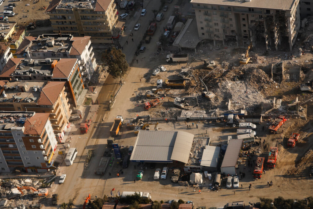 A general view of damage in Hatay Province, Turkey, Sunday, Feb. 19, 2023, following a deadly earthquake two weeks ago. (Clodagh Kilcoyne/Pool Photo via AP)