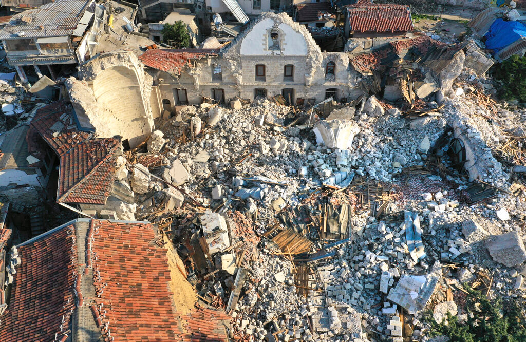 The Antioch Greek Orthodox Church which was destroyed by a devastating earthquake, in the old city of Antakya, Turkey, Saturday, Feb. 11, 2023. (AP Photo/Hussein Malla)