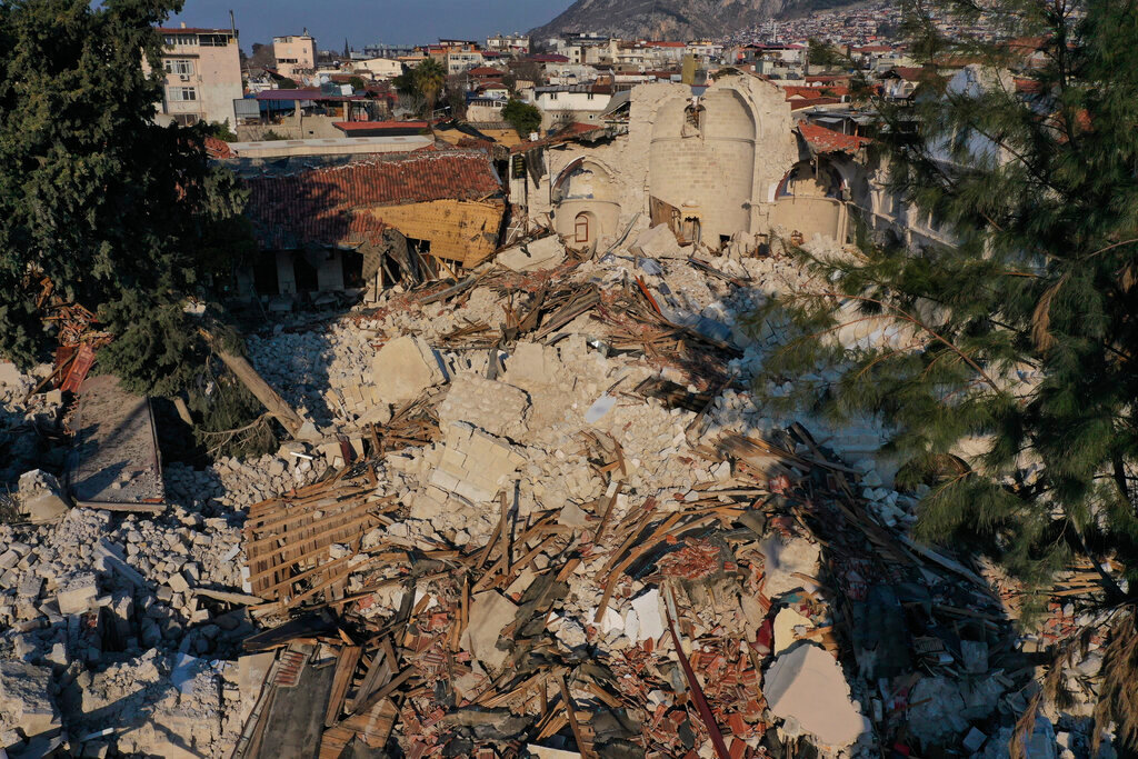 The Antioch Greek Orthodox Church, which was destroyed by a devastating earthquake, in the old city of Antakya, Monday, Saturday, Feb. 13, 2023. (AP Photo/Hussein Malla)