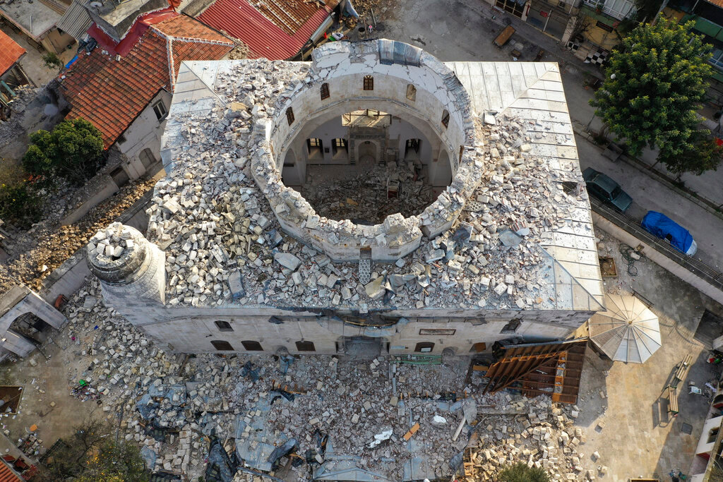 Sheikh Ali mosque which was destroyed by a devastating earthquake, in the old city of Antakya, Turkey, Saturday, Feb. 11, 2023. (AP Photo/Hussein Malla)