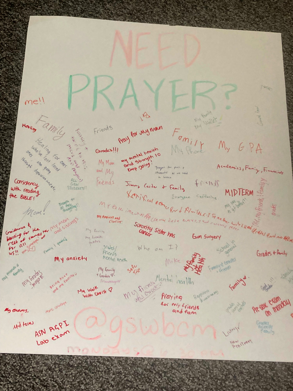Students at Georgia Southwestern State University in Americus, Ga., wrote down prayer requests for the Collegiate Day of Prayer Event.