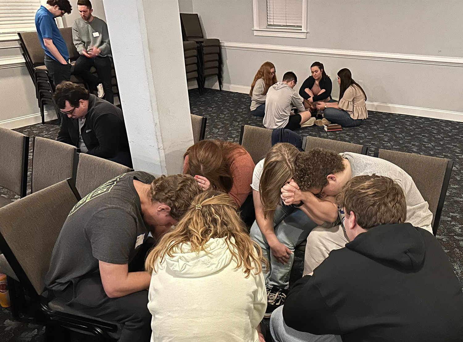 Students at Shorter University in Rome, Ga., pray for their campus Monday, Feb. 20, 2023.
