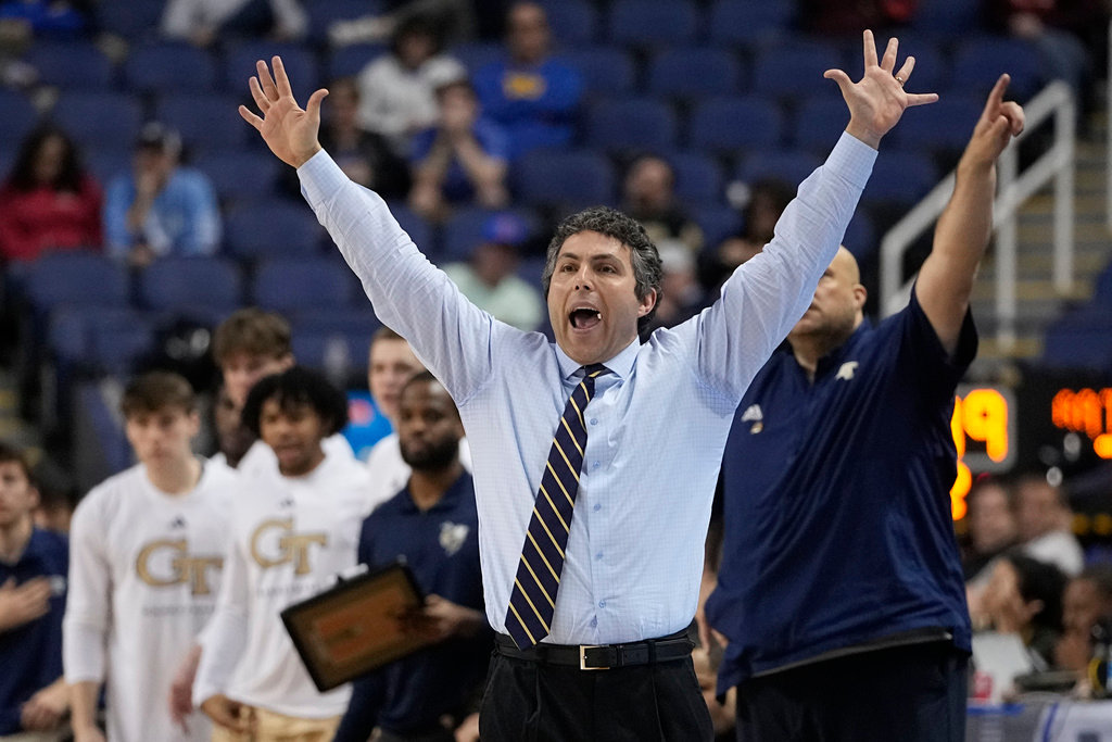 Georgia Tech head coach Josh Pastner yells during the second half against Pittsburgh at the Atlantic Coast Conference Tournament, Wednesday, March 8, 2023, in Greensboro, N.C. (AP Photo/Chris Carlson)