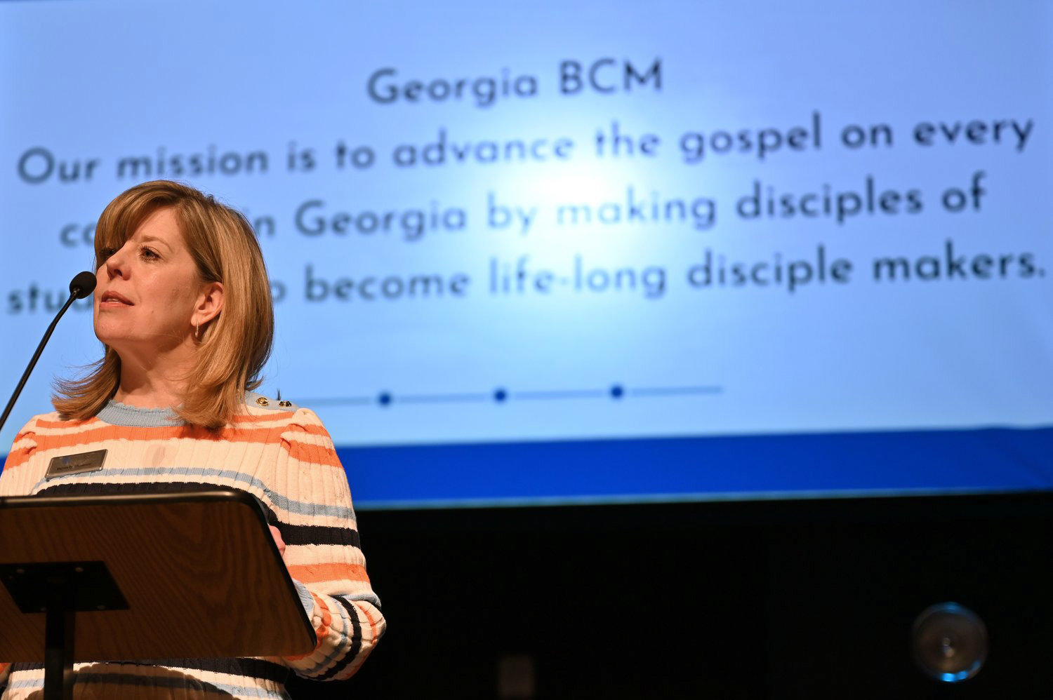 Mission Board staffer Beverly Skinners gives an update on Baptist Collegiate Ministry to the Georgia Baptist Executive Committee. (Index/Roger Alford)