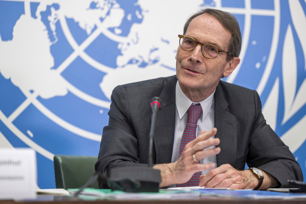 Erik Mose, chair of the Independent International Commission of Inquiry on Ukraine, speaks during a press conference at the European headquarters of the United Nations in Geneva, Switzerland, Thursday, March 16, 2023. (Martial Trezzini/Keystone via AP)