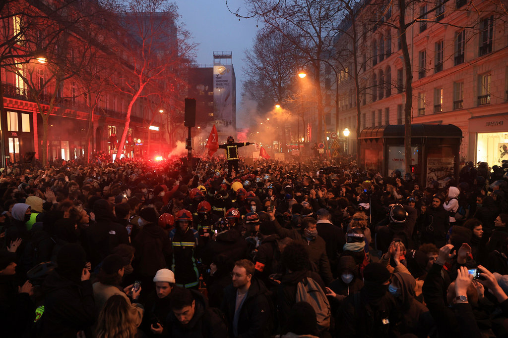 Protesters march during a rally in Paris, Thursday, March 23, 2023. (AP Photo/Aurelien Morissard)
