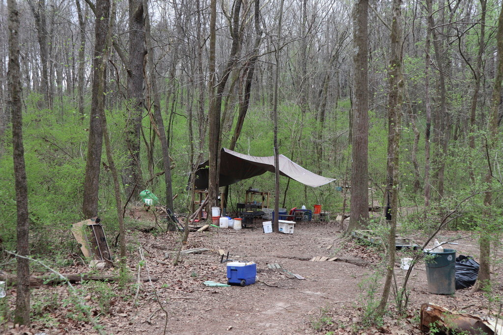 An abandoned campsite is shown in the South River Forest in DeKalb County, Ga., near the site of a planned police training center on March 9, 2023. (AP Photo/R.J. Rico)
