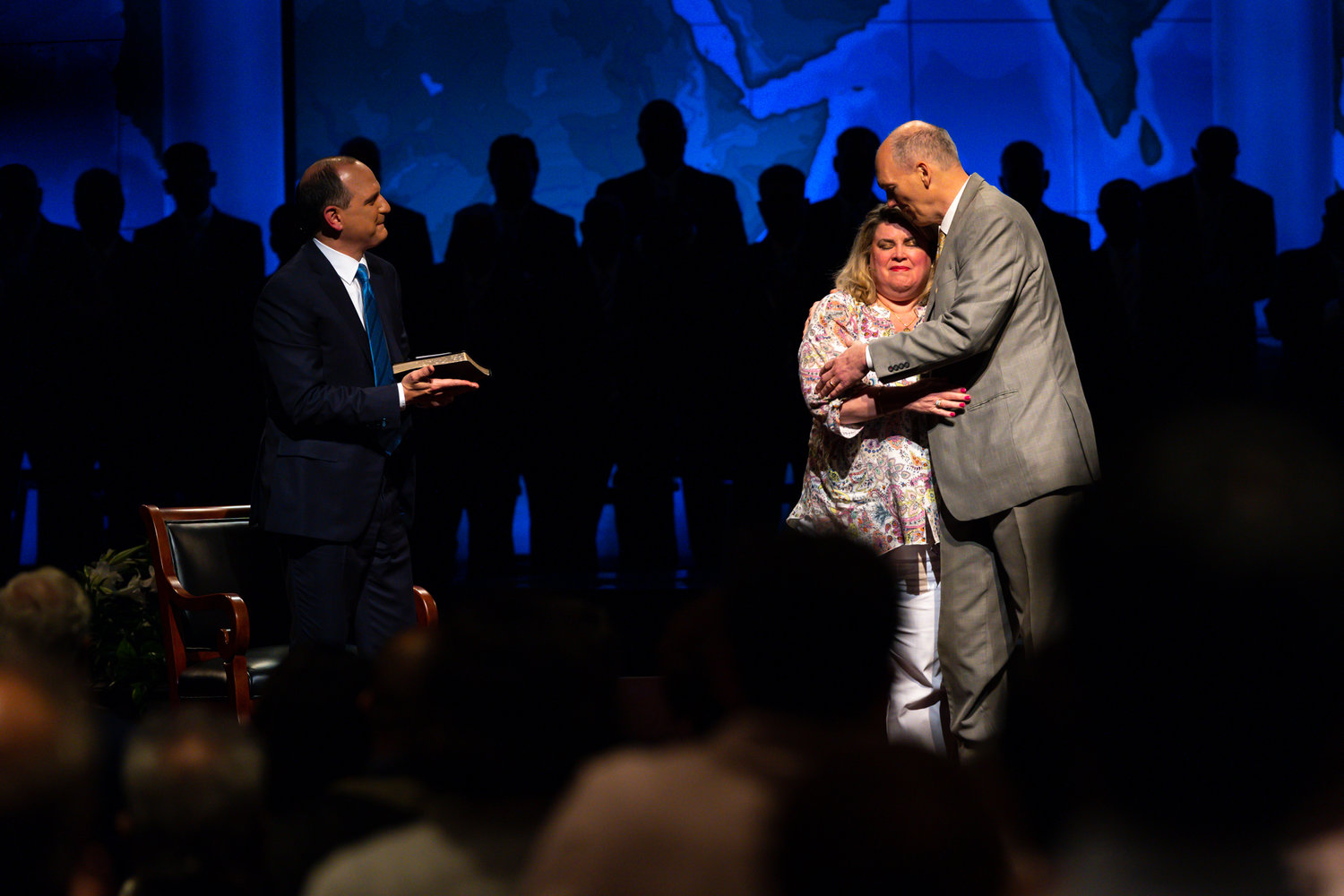 Wayne and Lori Mote stand with Pastor Anthony George during an Easter service. (First Baptist Atlanta/Jeffrey B. Rogers)