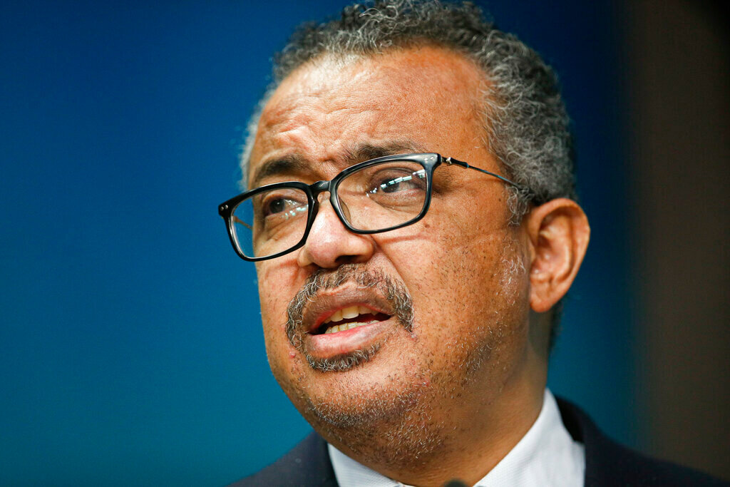 The head of the World Health Organization, Tedros Adhanom Ghebreyesus speaks during a press conference in Brussels on Feb. 18, 2022. (Johanna Geron/Pool Photo via AP, File)
