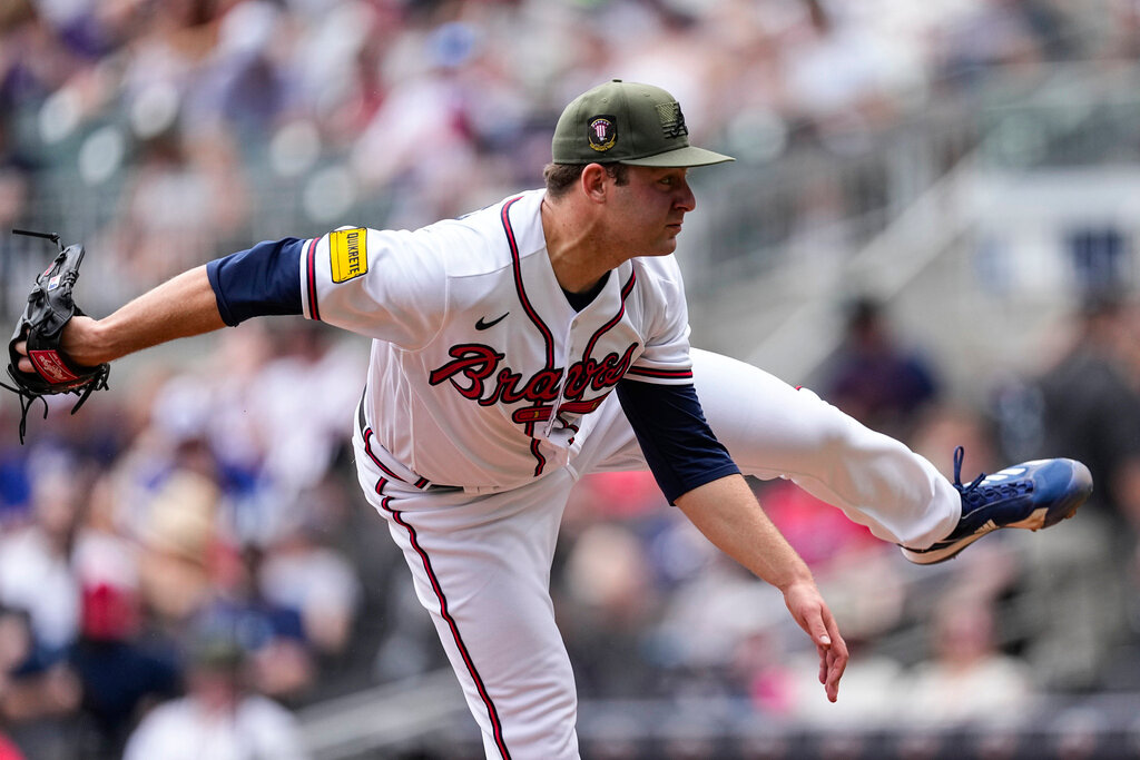 Atlanta Braves starting pitcher Jared Shuster (45) works against the Seattle Mariners in the third inning Sunday, May 21, 2023, in Atlanta. (AP Photo/John Bazemore)