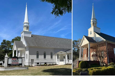 The refurbished 1025 Church Statham, left, is a transformation of the former First Baptist Church Statham, right.