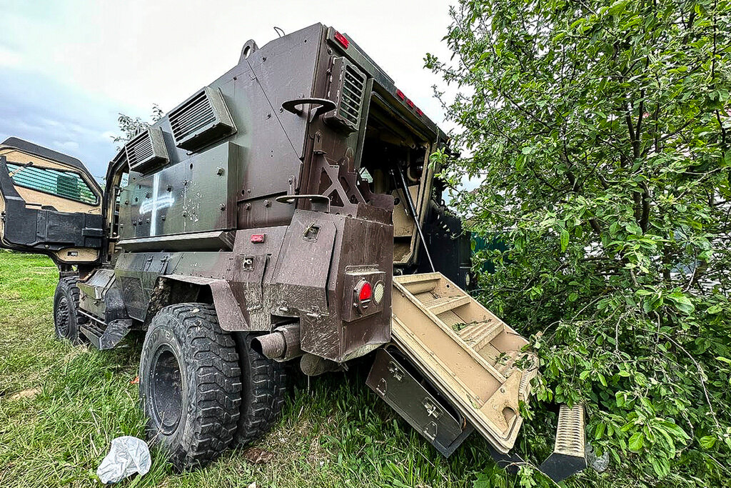 A damaged armored military vehicle is seen after fighting in Russia's western Belgorod region on Tuesday. (Belgorod region governor Vyacheslav Gladkov telegram channel via AP)