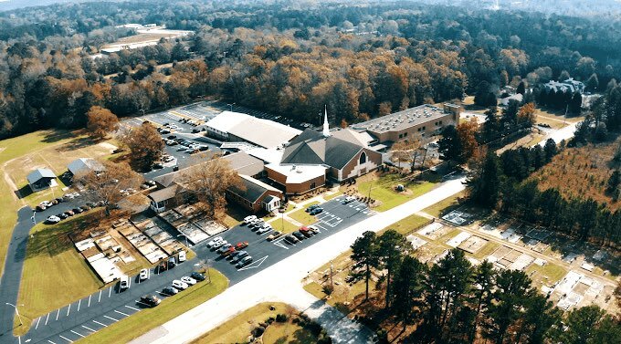 This aerial view of part of the 20-acre campus of Flat Creek Baptist Church shows where the car and crafts show will be held on June 3. It will be on the rear parking lot out of sight of Flat Creek Trail that runs in front of the church building.