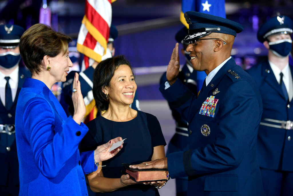Secretary of the Air Force Barbara Barrett administers the oath of office to incoming Air Force Chief of Staff Gen. CQ Brown Jr. during a ceremony at Joint Base Andrews, Md., on Aug. 6, 2020. (Wayne Clark/U.S. Air Force via AP, File)