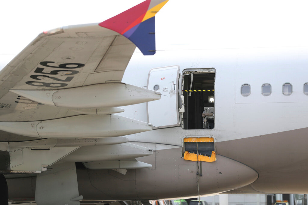 An Asiana Airlines plane landed at Daegu International Airport after a passenger opened a door in flight, in Daegu, South Korea, Friday, May 26, 2023. (Yun Kwan-shick/Yonhap via AP)