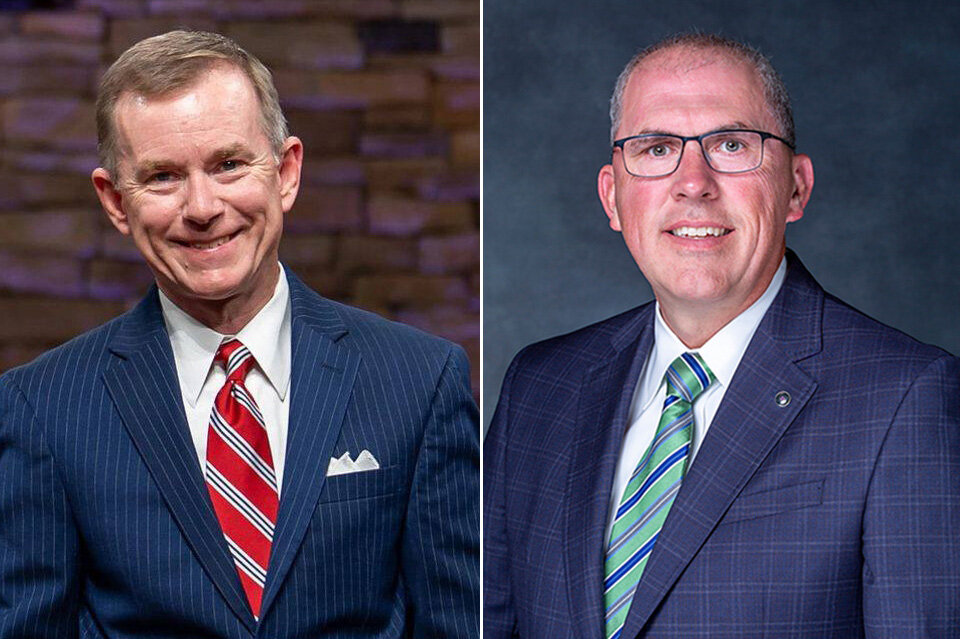 Georgia pastor Mike Stone, left, and Texas pastor Bart Barber are in the running for president of the Southern Baptist Convention. Barber, the incumbent, is seeking a second term.