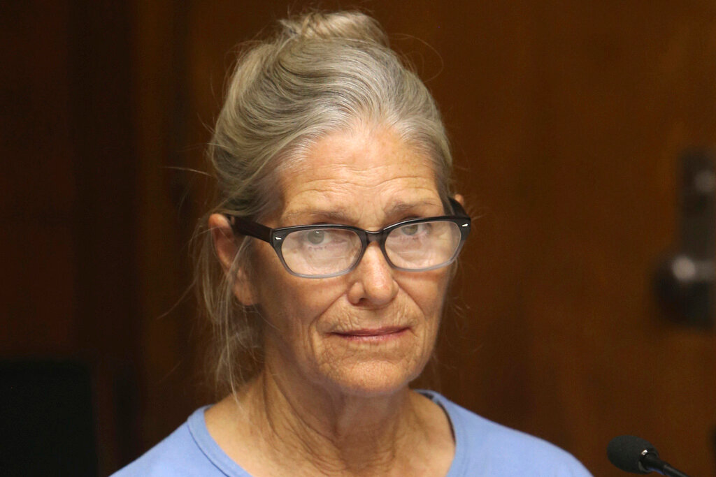 Leslie Van Houten attends her parole hearing at the California Institution for Women on Sept. 6, 2017, in Corona, Calif. (Stan Lim/Los Angeles Daily News via AP, Pool, File)