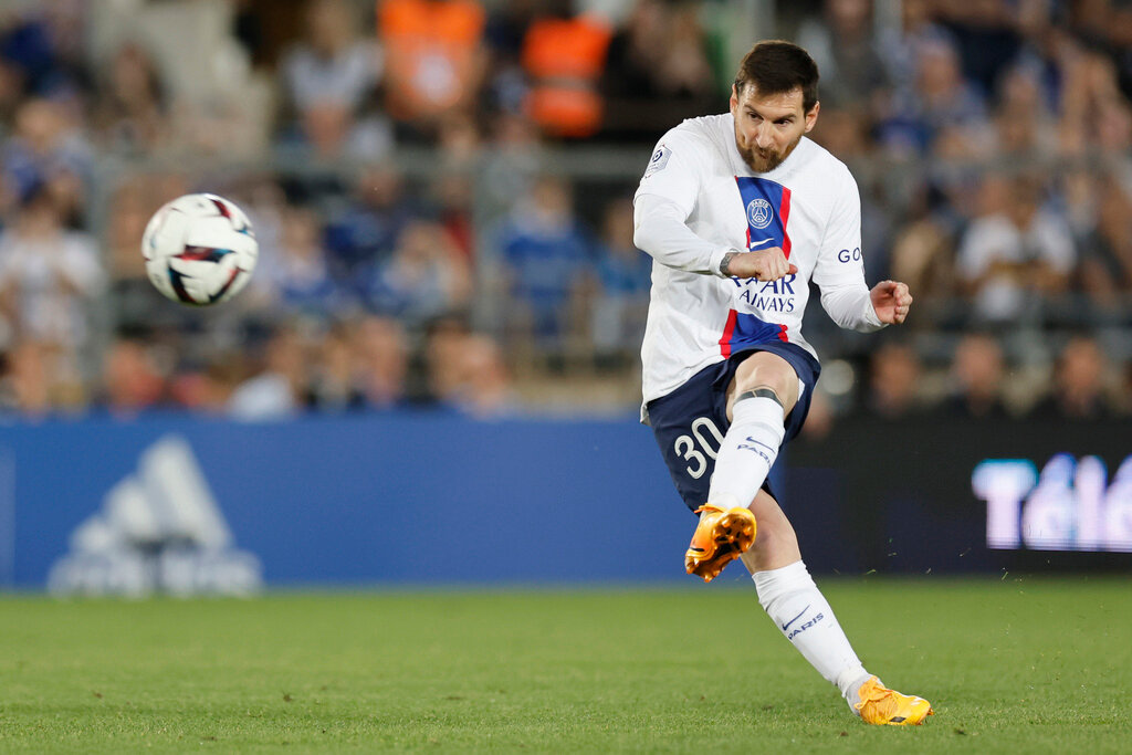 PSG's Lionel Messi kicks the ball during a match against Strasbourg in Strasbourg, eastern France, Saturday, May 27, 2023. (AP Photo/Jean-Francois Badias)