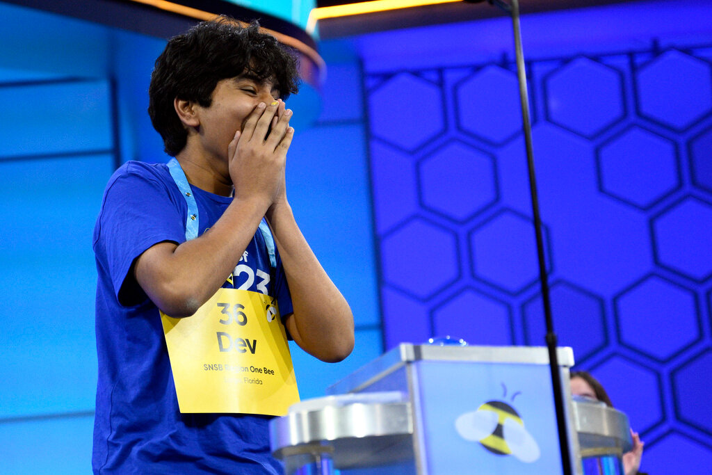 Dev Shah, 14, from Largo, Fla., reacts as he wins the Scripps National Spelling Bee finals, Thursday, June 1, 2023, in Oxon Hill, Md. (AP Photo/Nick Wass)
