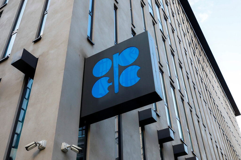 The OPEC logo is seen outside of OPEC's headquarters in Vienna, Austria, on March 3, 2022. (AP Photo/Lisa Leutner, File)