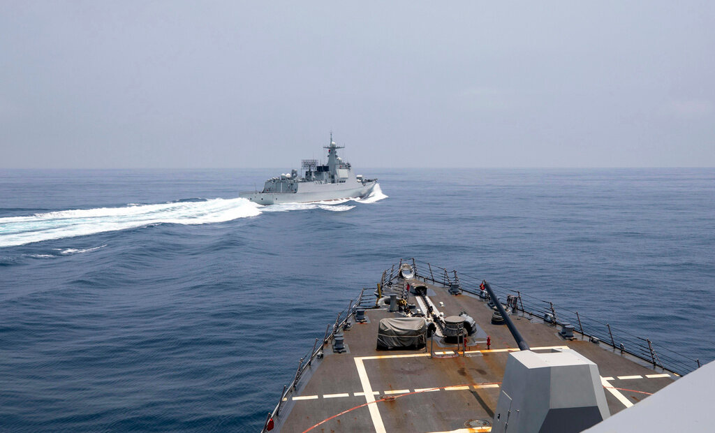 The USS Chung-Hoon observes a Chinese navy ship conduct what it called an "unsafe” Chinese maneuver in the Taiwan Strait, Saturday, June 3, 2023. (Mass Communication Specialist 1st Class Andre T. Richard/U.S. Navy via AP)