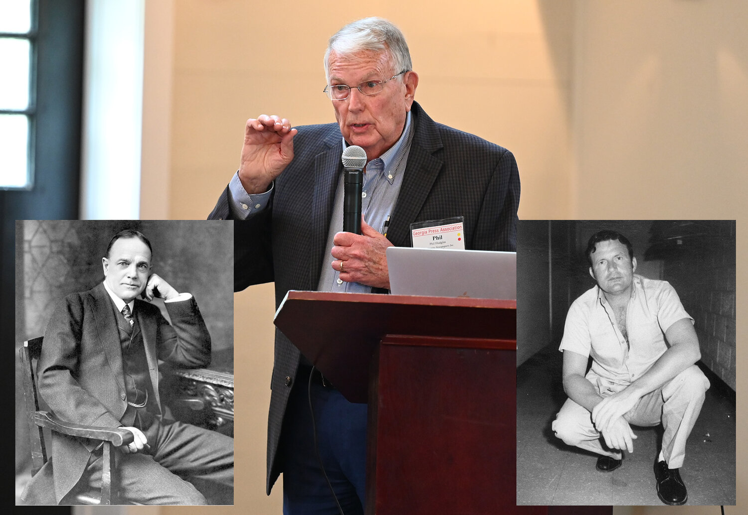 Longtime Georgia newspaper editor Phil Hudgins speaks to members of the Georgia Press Association about the late Billy Sunday Birt at Jekyll Island on June 8, 2023. The inset photos are, left, famed evangelist Billy Sunday and convicted murderer Billy Sunday Birt. (Index/Henry Durand)