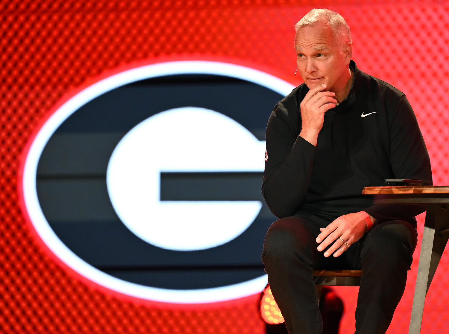 Former UGA football coach Mark Richt looks out at the crowd during the Fellowship of Christian Athletes UGA Night of Champions event on Friday at First Baptist Church of Woodstock. (Index/Henry Durand)