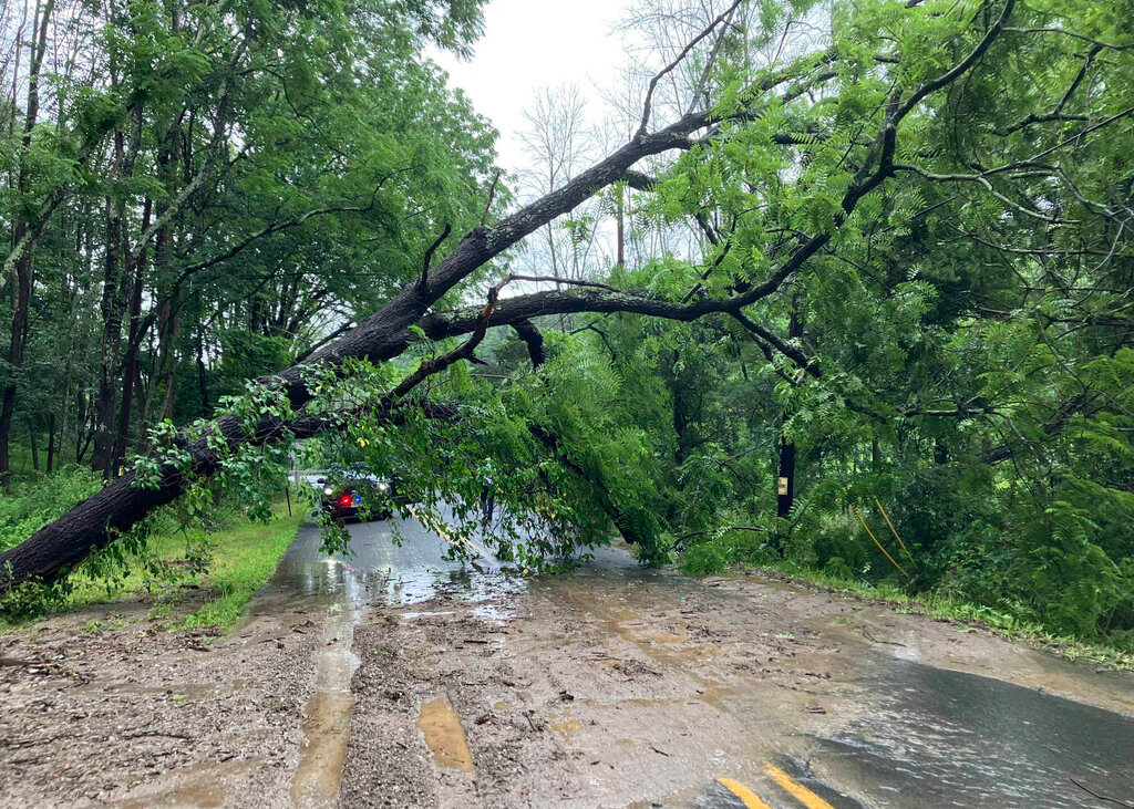 Flooding and a partially fallen tree along Swayze Mill Road, in Hope, N.J., Sunday, July 16, 2023. (Courtesy of JCP&L via AP)