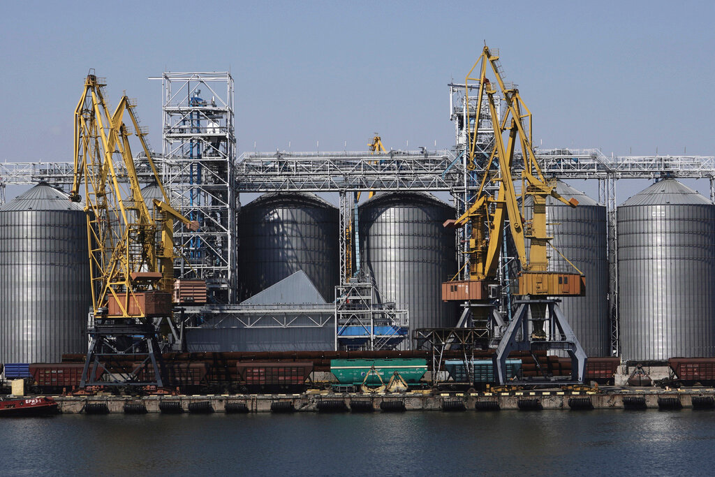 The grain storage terminal at the Odesa Sea Port, in Odesa, Ukraine, Aug. 19, 2022. (AP Photo/Kostiantyn Liberov, File)