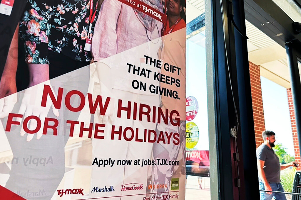 A hiring sign is displayed at a retail store in Vernon Hills, Ill., Aug. 31, 2023. (AP Photo/Nam Y. Huh, File)