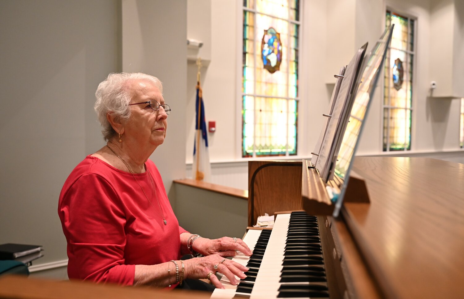 Dublin's Helen Hobbs plays the organ at Marie Baptist Church on Monday, Oct. 30, 2023. (Index/Roger Alford)