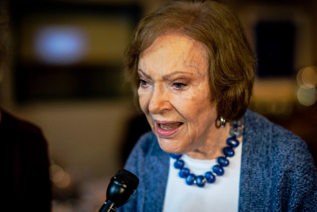 The former first lady Rosalynn Carter, who died Sunday, speaks to the press at conference at The Carter Center on Tuesday, Nov. 5, 2019, in Atlanta. (AP Photo/Ron Harris, File)