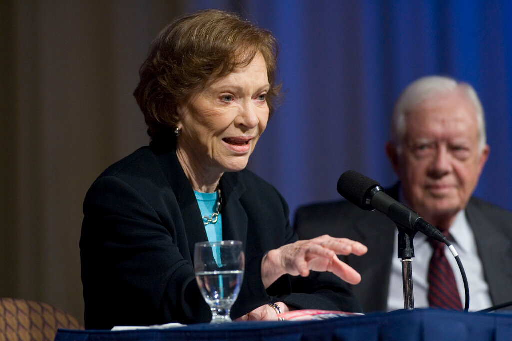 Rosalynn Carter, left, and her husband former President Jimmy Carter update donors about current activities of the Carter Center in Atlanta, April 23, 2010. Rosalynn Carter, the closest adviser to Jimmy Carter during his one term as U.S. president and their four decades thereafter as global humanitarians, has died at the age of 96. The Carter Center said she died Sunday, Nov. 19, 2023.  (AP Photo/John Amis, File)