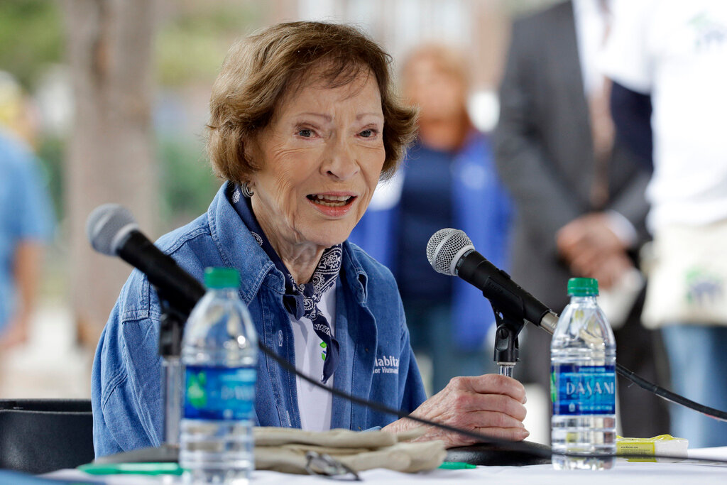 Former first lady Rosalynn Carter answers questions during a news conference at a Habitat for Humanity building site, Nov. 2, 2015, in Memphis, Tenn. Carter, the closest adviser to Jimmy Carter during his one term as U.S. president and their four decades thereafter as global humanitarians, has died at the age of 96. (AP Photo/Mark Humphrey, File)