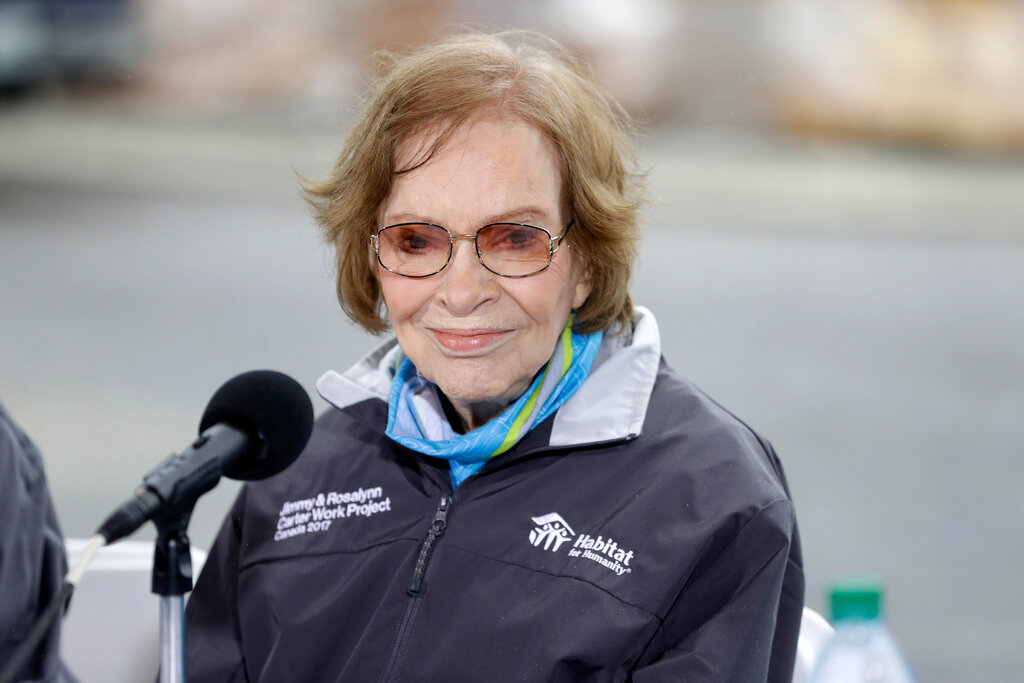 Former first lady Rosalynn Carter answers questions during a news conference at a Habitat for Humanity project, Oct. 7, 2019, in Nashville, Tenn. Rosalynn Carter, the closest adviser to Jimmy Carter during his one term as U.S. president and their four decades thereafter as global humanitarians, died Sunday, Nov. 19, 2023. She was 96. (AP Photo/Mark Humphrey, File)