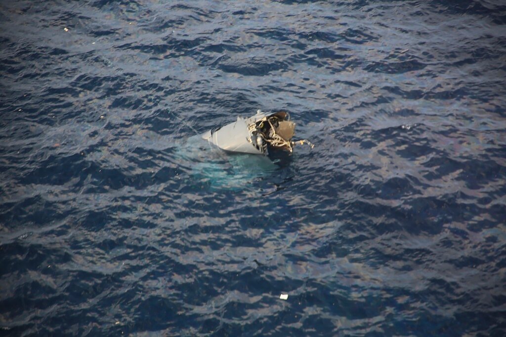 Debris believed to be from a U.S. military Osprey aircraft floats off the coast of Yakushima Island in Kagoshima Prefecture in Japan Wednesday, Nov. 29, 2023. (Japan Coast Guard via AP)