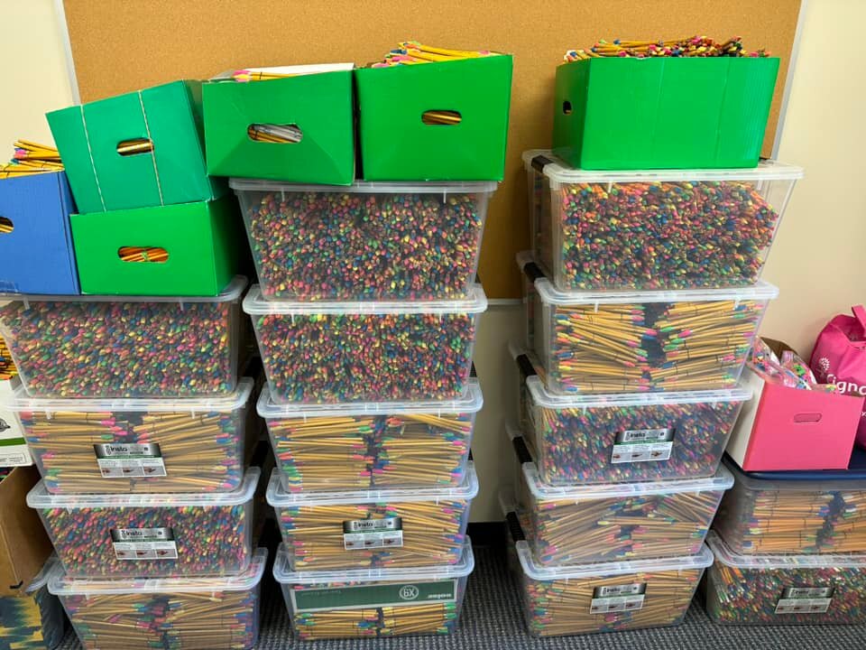 More than 30,000 pencils with large erasers attached were included in the thousands of Christmas boxes for children around the world. (Photo/Macland Baptist Church)