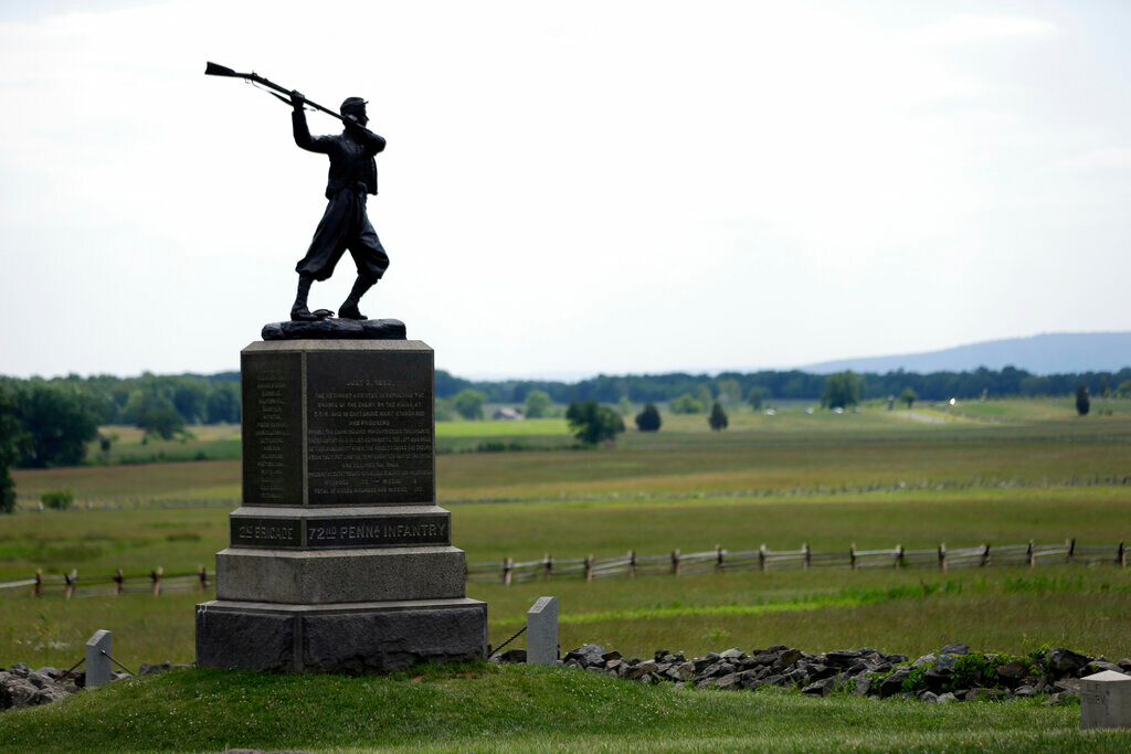 A monument sits atop a ridge where the Battle of Gettysburg took place July 1-3, 1863. Robert Benjamin Headden, who would later become a preacher in Georgia, was critically wounded in that battle and went on to preach the sermon that pricked the heart of famed Southern Baptist missionary Lottie Moon.  (AP Photo/Matt Rourke)