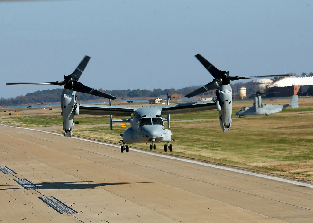 A V-22 Osprey takes off from Langley Air Force Base, Dec. 10, 2015 in Norfolk, Va. (Pool Photo by Mark Wilson via AP, File)