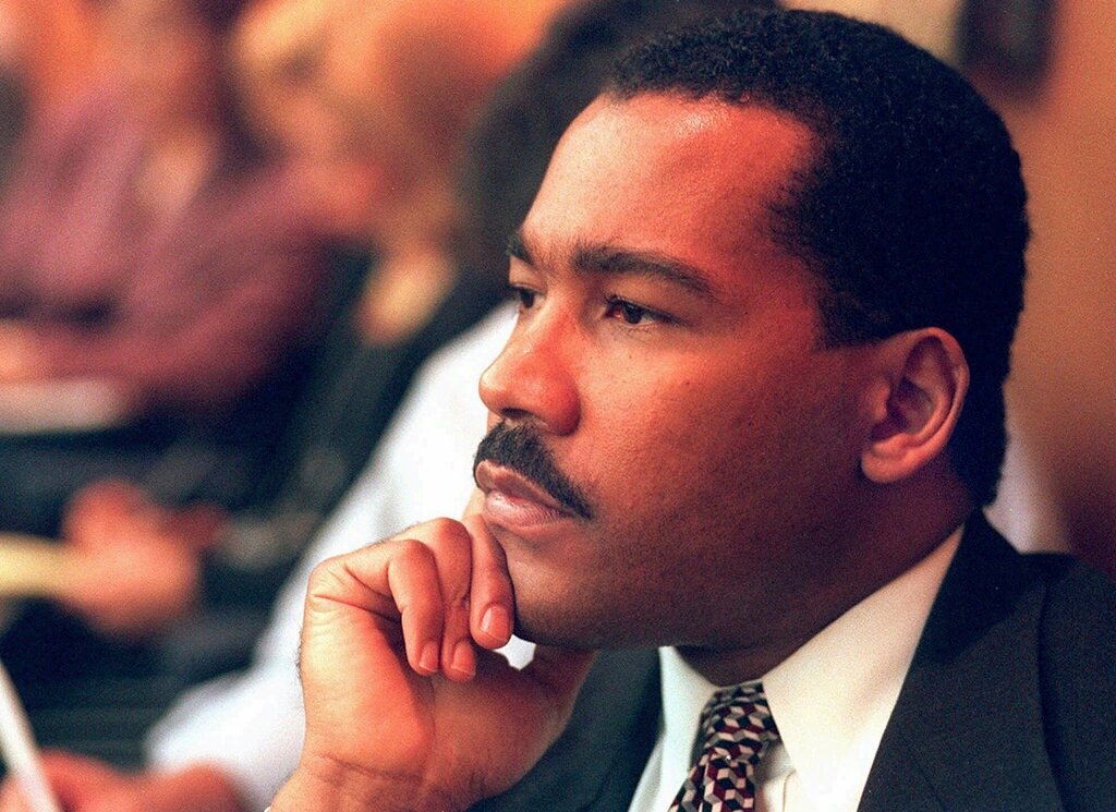 Dexter King, son of the late civil rights leader Martin Luther King Jr., listens to arguments in the State Court of Criminal Appeals in Jackson, Tenn., Aug. 29, 1997. (Helen Comer/The Jackson Sun via AP, Pool, File)