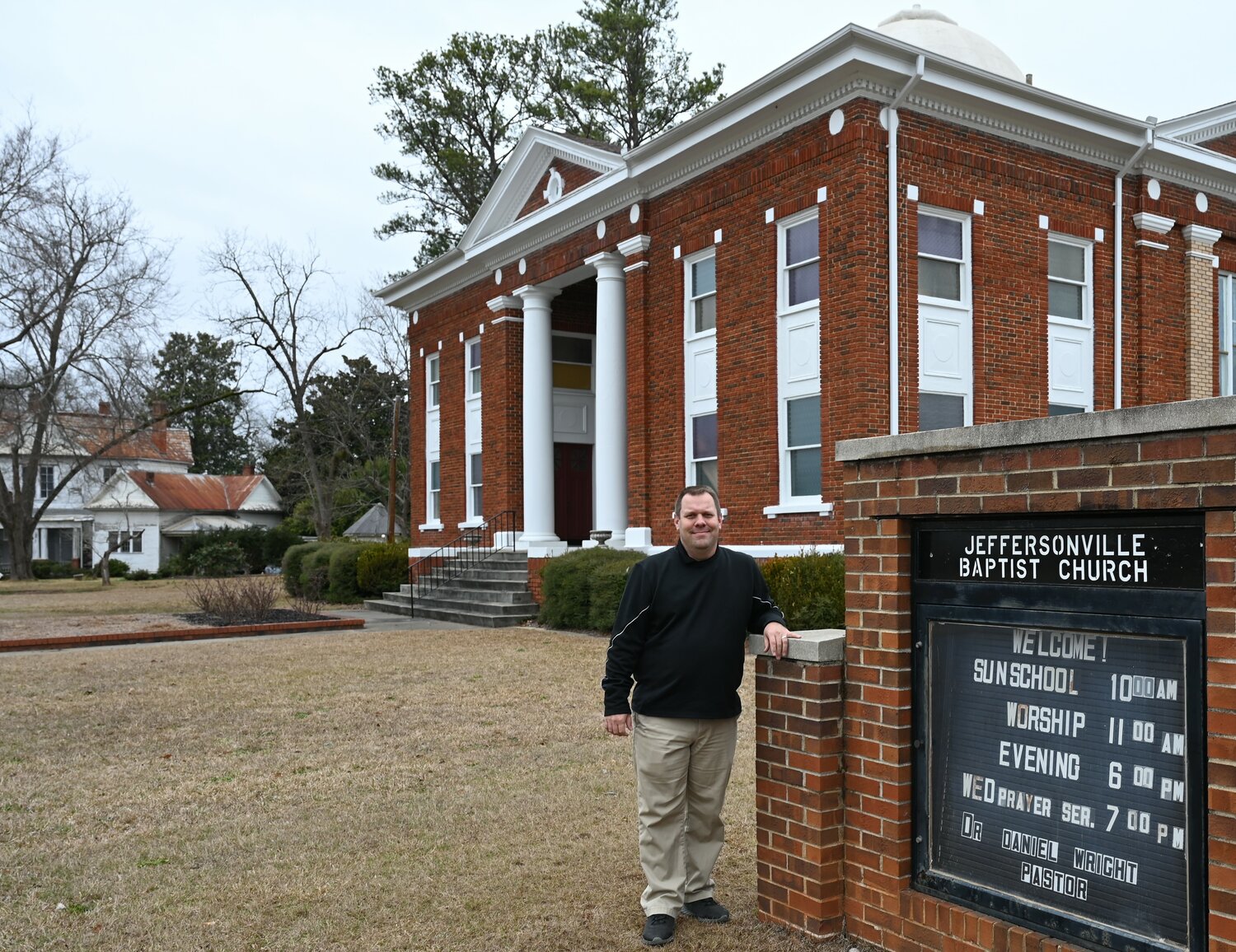 Pastor Dan Wright stands outside Jeffersonville Baptist Church, which is celebrating its 175th anniversary this year. (Index/Roger Alford)