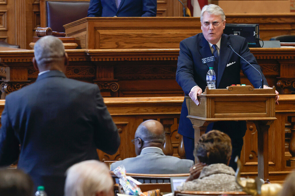 Sen. Mike Hodges, R-Brunswick, speaks in favor of Senate Bill 362 at The Georgia State Capitol on Thursday, Feb. 8, 2024. (Natrice Miller/Atlanta Journal-Constitution via AP)