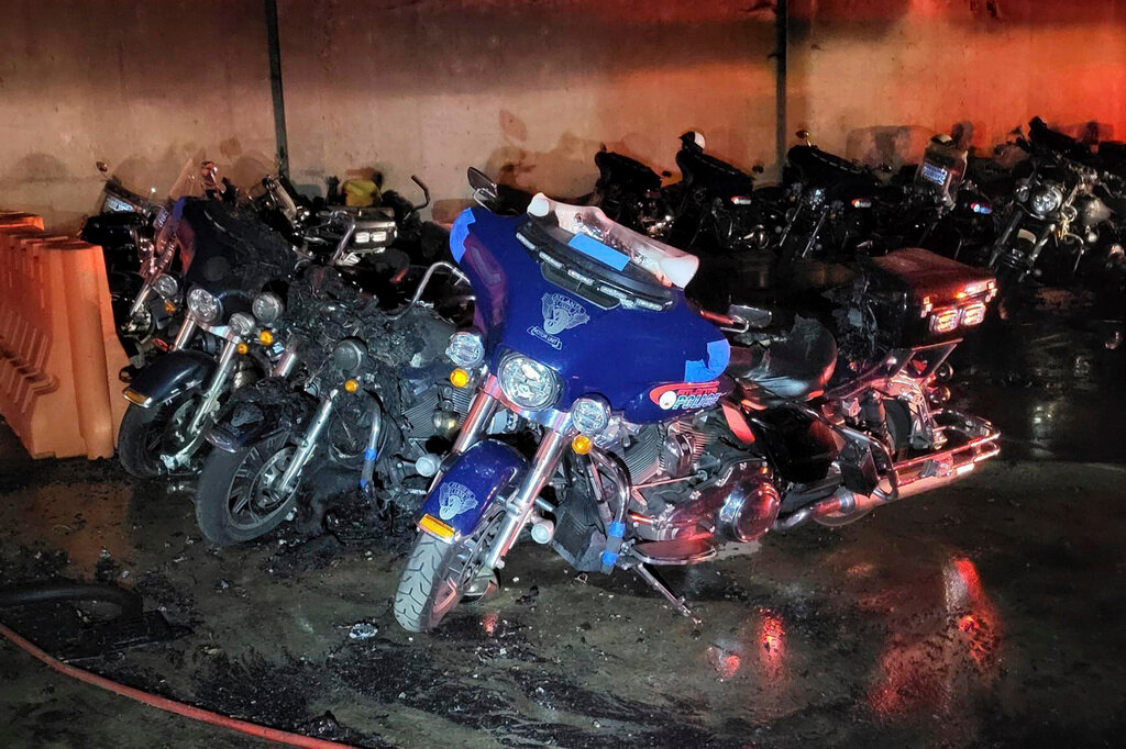 Torched police motorcycles after a July 1, 2023, attack at a police precinct in southeast Atlanta. (Atlanta Police Department via AP)